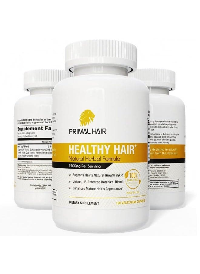 Primal Hair 3 PK- 100% Natural Growth Treatment, Reduces Hair Loss, US Patented Formula Proven Effective for Men & Women, 100% Vegan, Non-GMO, 90-Day Supply, 3 Pack