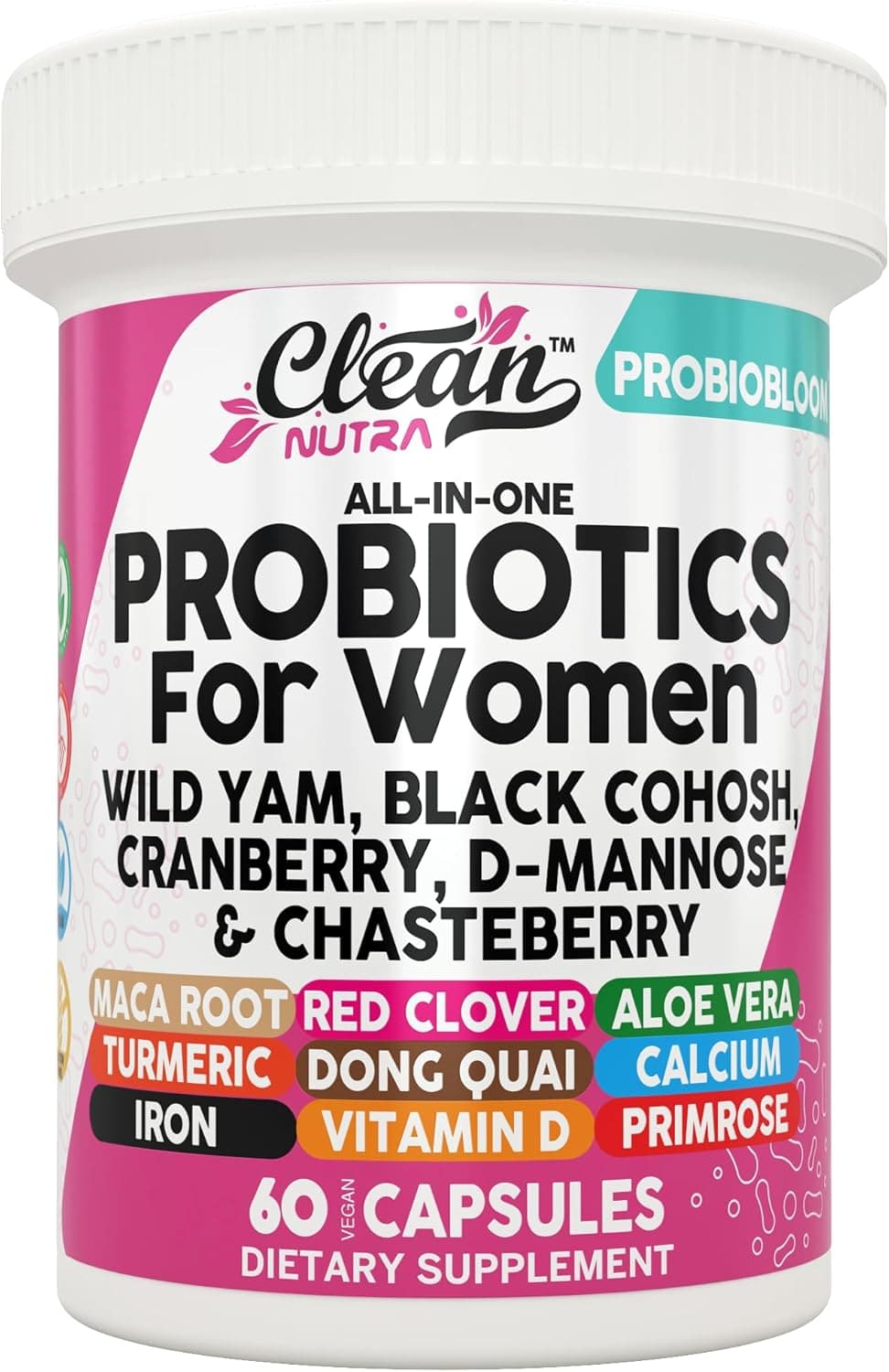 Clean Nutraceuticals Probiotics for Women with D Mannose Cranberry Extract Wild Yam Chasteberry 20 Probiotic and Prebiotic Strains PH Balance Womens Probiotic for Digestive Health 60 Count