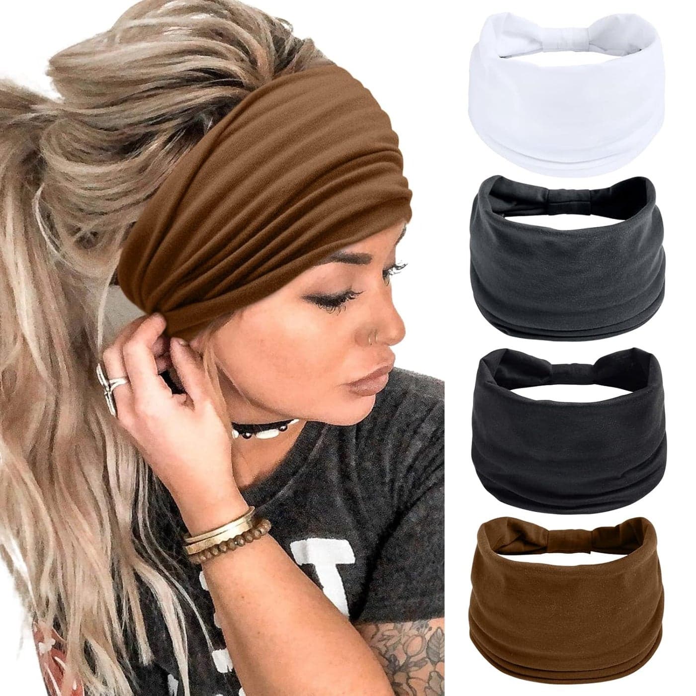 Wide Headbands for Women Black Stylish Head Wraps Boho Thick Hairbands Large African Sport Yoga Turban Headband Hair Accessories Pack of 4