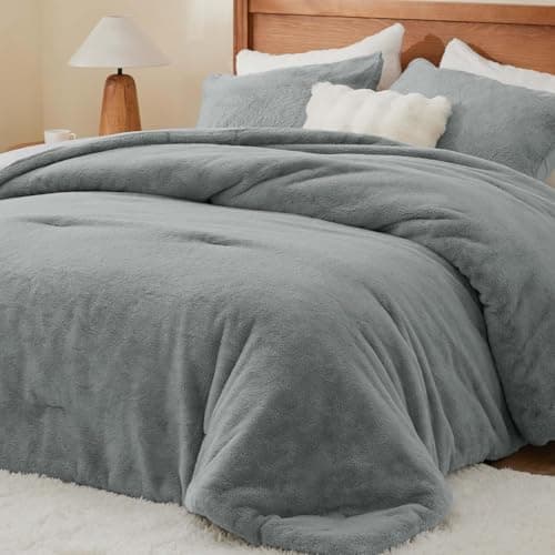 BEDELITE Faux Fur Fleece King Comforter Set - Fluffy & Warm Grey Comforter King Size,Ultra Soft and Cozy Winter Bedding Set,Fuzzy Thick Bed Set,1 Comforter and 2 Pillowcases