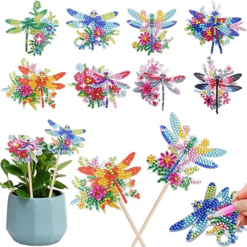 LINGFANG 8 Pcs Diamond Painting Kits Decorative Stakes Diamond Art Kits for Garden Home Decor Indoor Outdoor Stakes Diamond Art Kits for Adults Crafts for Adult Small Diamond Art Set Dragonflies