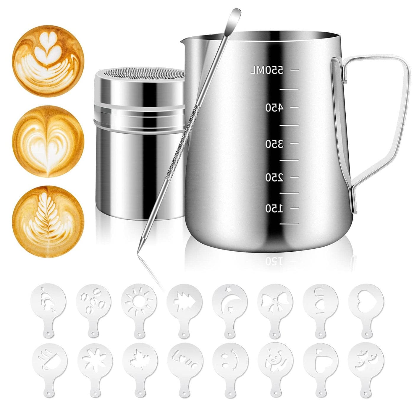 PROKITCHEN Stainless Steel Milk Frothing Pitcher 20oz600ml for Milk Cappuccino Coffee Stencils Latte Art Milk Jug Cup with Decorating Art Pen Powder Shaker 16 Pieces Coffee Decorating Stencils