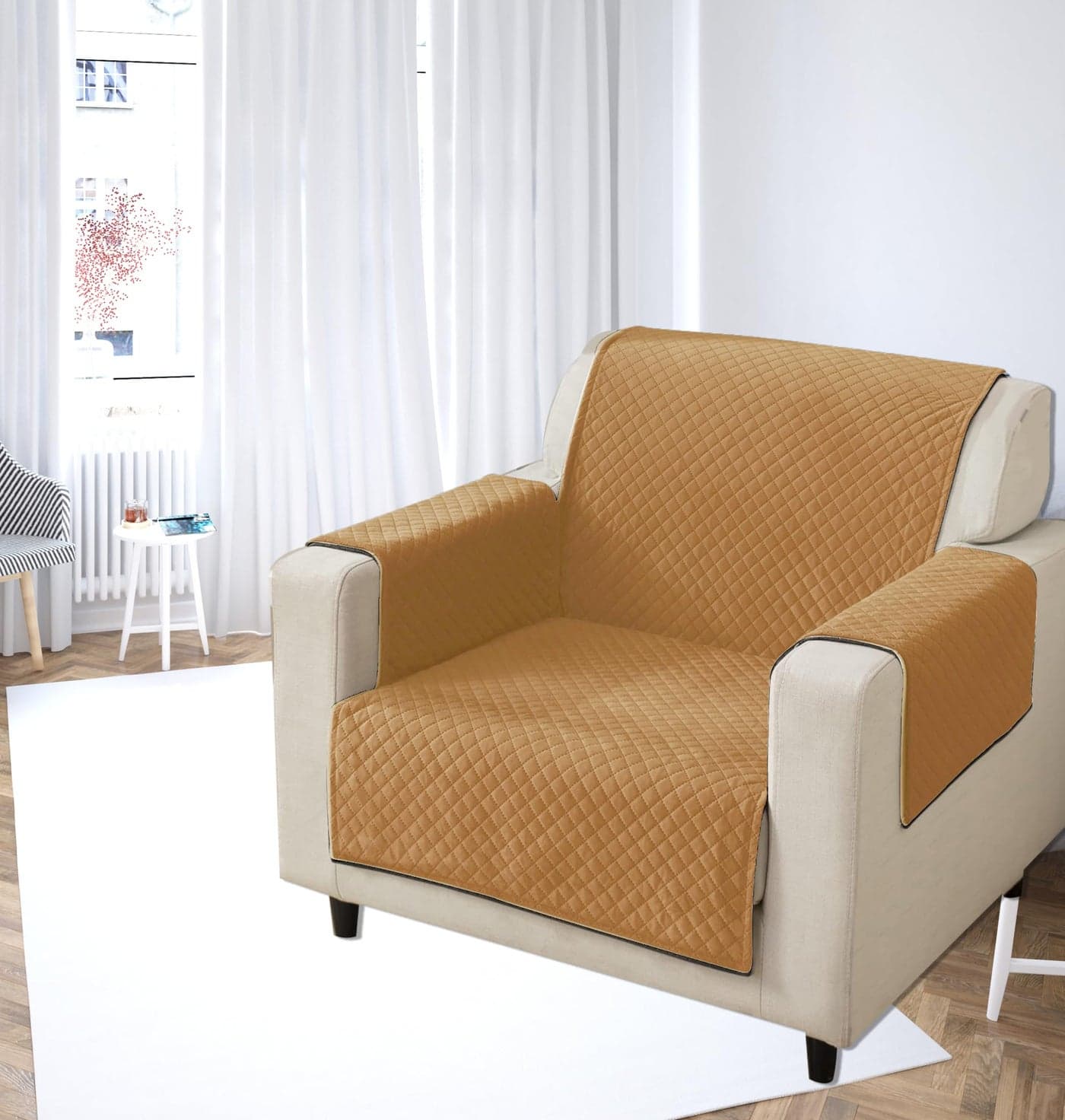 KINGLY Velvet Quilted Universal Elastic Sofa Cover Non-Slip Sofa Protector 1 Seater Armchair Cover with Machine Washable Adjustable Elastic Straps (1 Seater) (Harvest Gold)