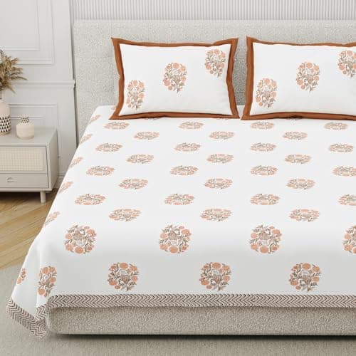 DE CAMA Since 1997 | 100% Cotton 300 TC Premium King Size Bedsheet for Double Bed (90 x 108 Inch) with 2 Pillow Covers Set (17 x 27 Inch) Designer Printed Bedsheet Set - Birds of Wings Orange