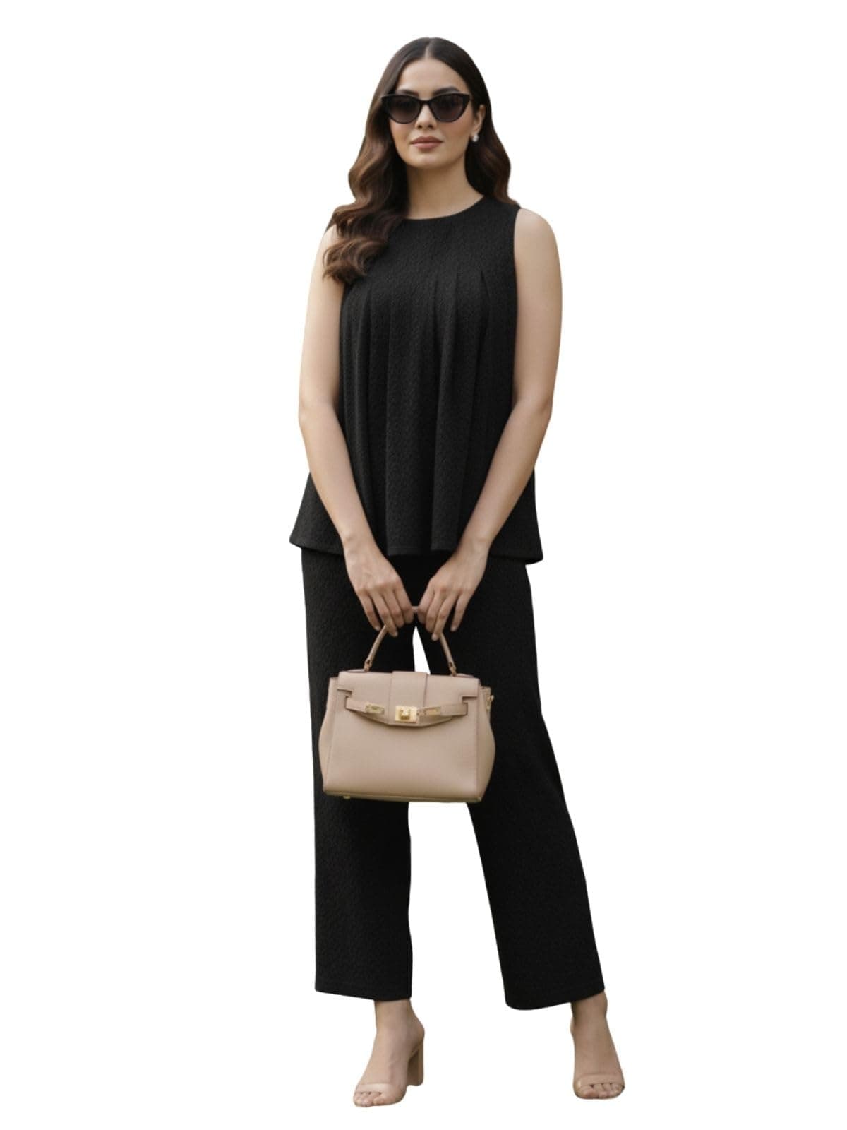 GRECIILOOKS Women'S Cotton Poly Blend Sleeveless Top And Straight Pants Co-Ord Set (GL-W2323&TR1247-XL-BLACK)