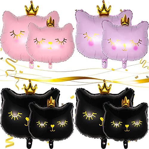 8 Pieces Crown Cat Foil Balloons Cute Kitty Cat Kitten Birthday Balloons Animal Themed Party Supplies Pink Black Small Size Cute Style