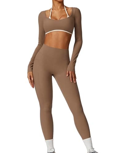 AGYMNX Workout Sets for Women 2 Piece Outfits Seamless High Waist Leggings Yoga Long Sleeve Crop Tops Athletic Gym Sets Brown S