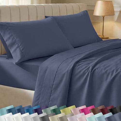 California Design Den 6-Pc King Size Sheet Set with 4 Pillowcases - Soft 400 Thread Count 100% Cotton Sheets, Sateen Weave, Deep Pocket Bedsheets Set - Indigo Dusty Blue