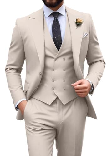 Men's Suit Slim Fit 3 Piece Tuxedo Formal Wedding Casual Suits Double Breasted Suit Men Lightweight Blazer Vest Pants Set Light Champagne 3X-Large