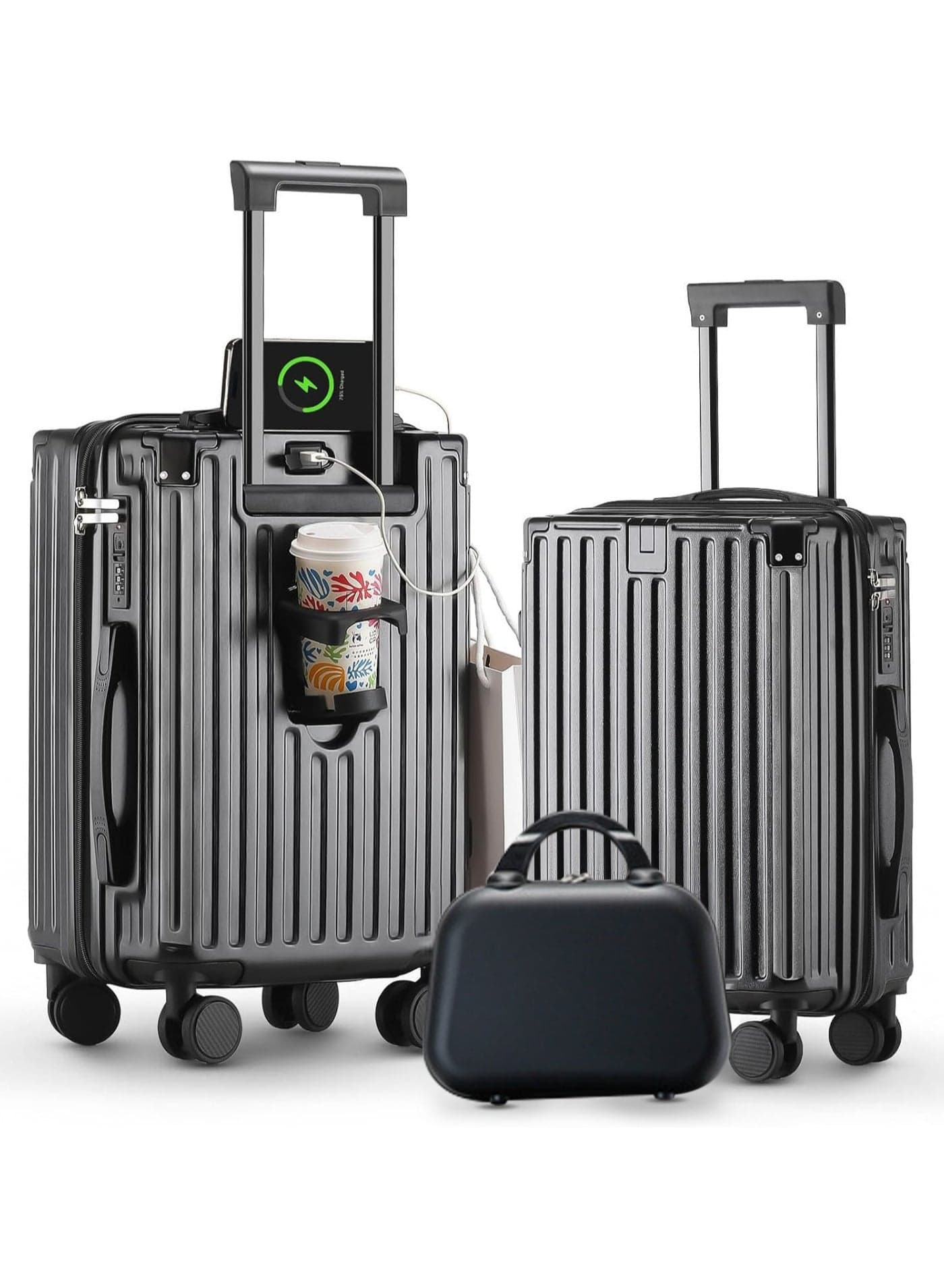 3PC Set Travel Carry On Checked Suitcase Set Luggage With Cup Holder & USB Port, Airline Approved TSA-locked Luggage, Lightweight PVC Material Travel Suitcase With 360° Spinner Wheel (14-20-24in Black)