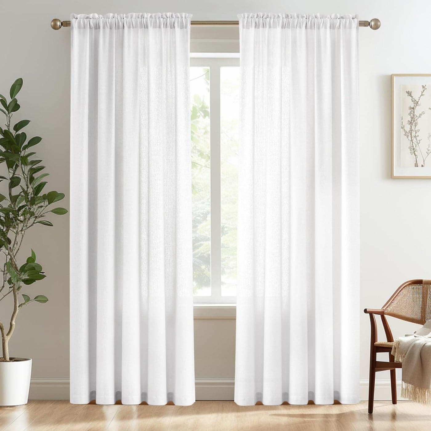 Melodieux White Semi Sheer Curtains 84 Inches Long for Living Room Linen Look Bedroom Rod Pocket Voile Drapes 52 by 84 Inch 2 Panels