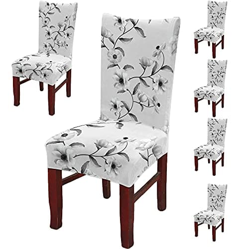 BRIDA Stretchable Polycotton Spandex Floral Printed Dining Chair Covers (6 Chair Cover, English Grey)