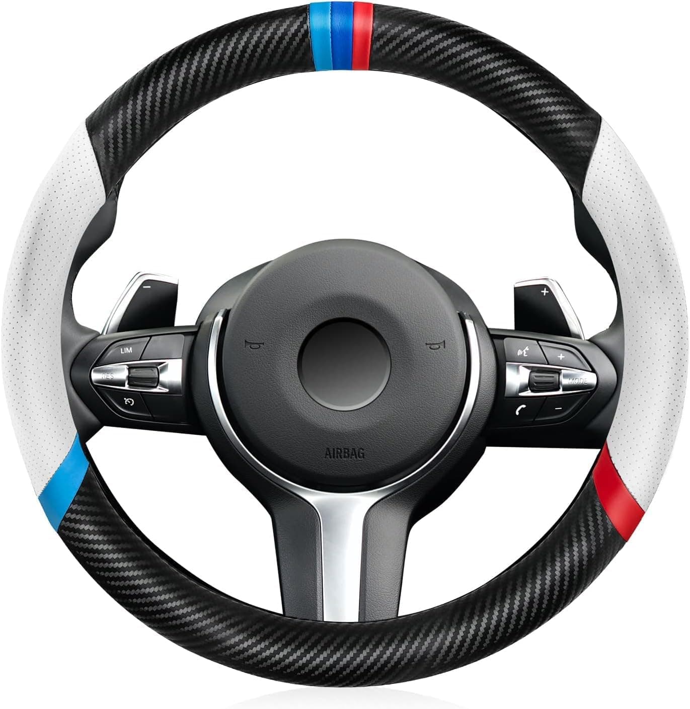 KEYOZA Leather Car Steering Wheel Cover, Anti-Slip, Safety, Soft, Breathable, Heavy Duty, Thick, Full Surround, Sports Style (Black-White)