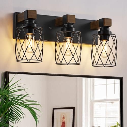 XvmBvm Farmhouse Bathroom Vanity Light 3Light Wood Bathroom Light Fixtures Over Mirror Black Industrial Vanity Lights with Metal Shade Rustic Bathrooms Lighting for Living Room Bedroom Hallway