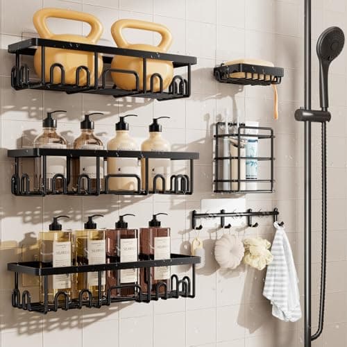 Veken Shower Caddy 6Pack Advanced Rustproof Design No Drilling Adhesive Shelves Rack with Soap Holder Large Capacity Bathroom Organizers and Storage WallMounted Kitchen Home Decor Black