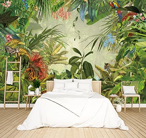 BZHXBZ Tropical Botanical Animal Floral Bird Wallpaper Woodland Forest Tree Nursery Kids Bedroom Plant murals Living Room tv Background Large wall Mural 91x65 Not Peel and Stick