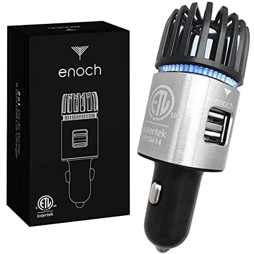 Enoch Car Air Purifier Premium Air Ionizer 12V PlugIn Ionic Ozone Deodorizer Accessory with Dual USB Car Charger Eliminates Cigarette Smoke Pet and Food Odors Dust Gray Silver