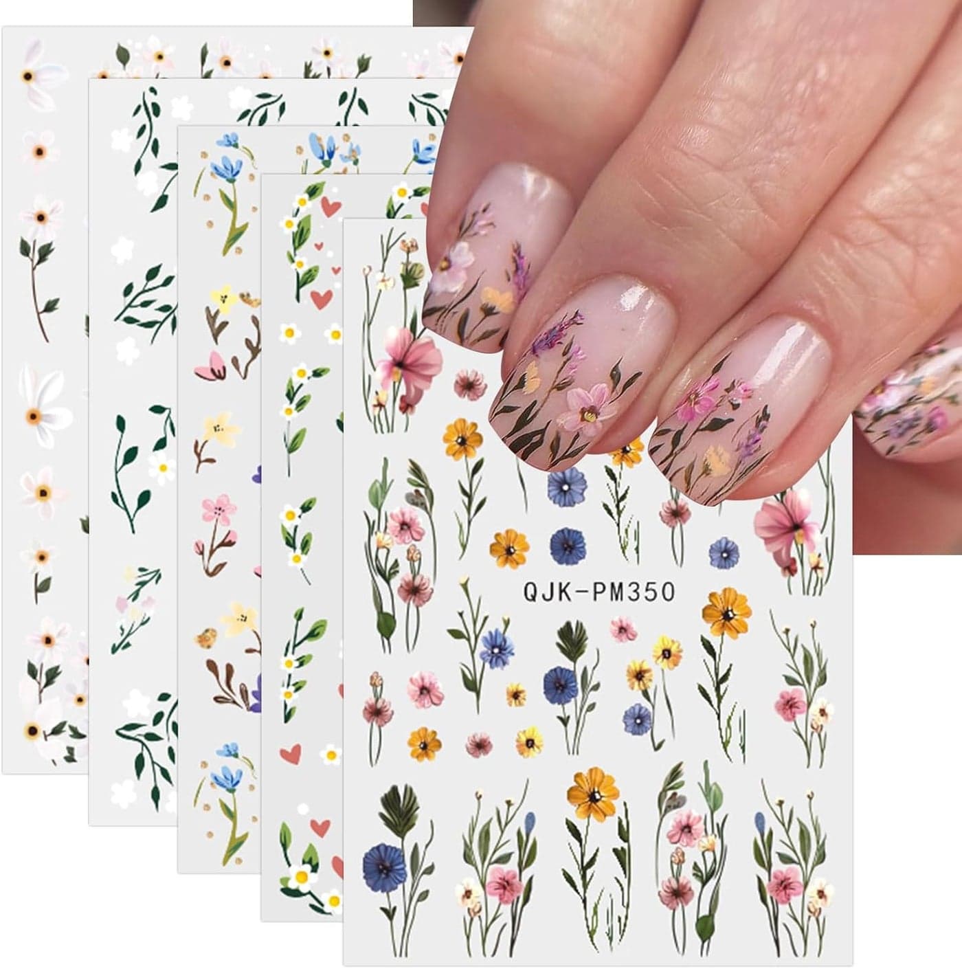 JMEOWIO 9 Sheets Colorful Flower Nail Art Stickers Decals SelfAdhesive Spring Summer Floral Nail Supplies Design Decoration Accessories