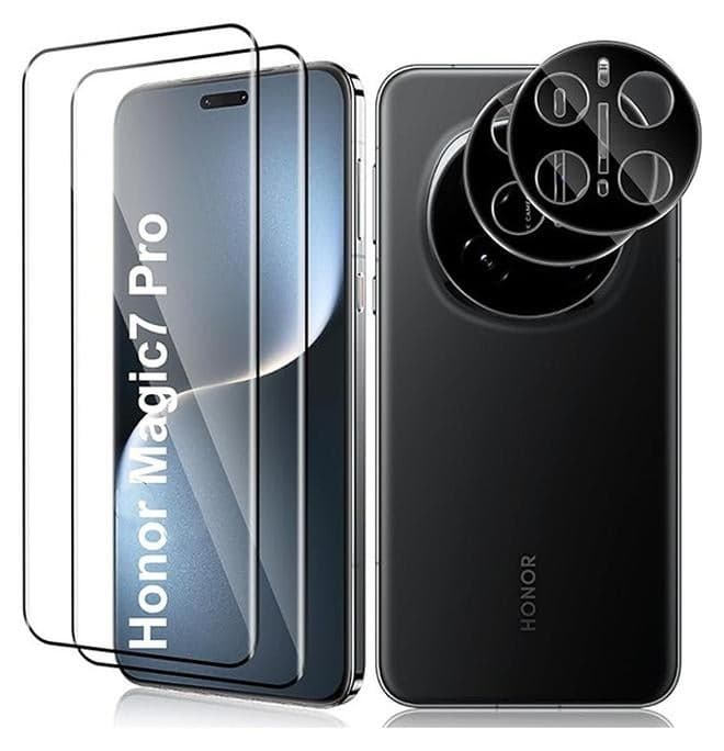 2 Pcs Honor Magic 7 Pro 5G Screen Protector, With 2 Pcs Camera Protective Film, 9H Tempered Glass Screen Protector for Honor Magic 7 Pro 5G, Full Coverage Bubble-Free Tempered Film, Anti-Scratch Film