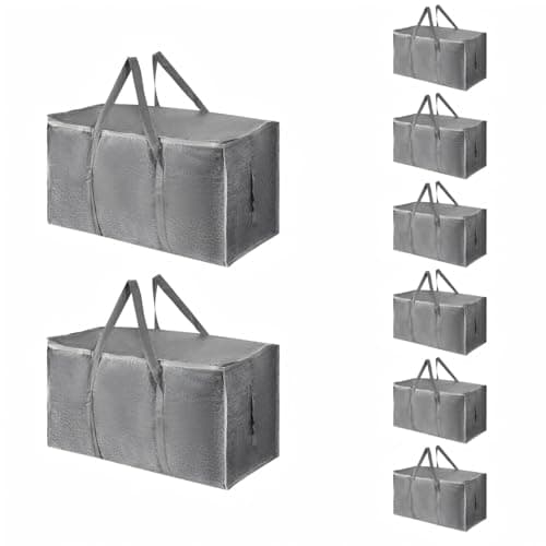 8 Pack-Extra Large Heavy Duty Moving Bags - Waterproof Storage Totes with Handles & Zippers, Foldable for College Dorm, Storage (Gray)
