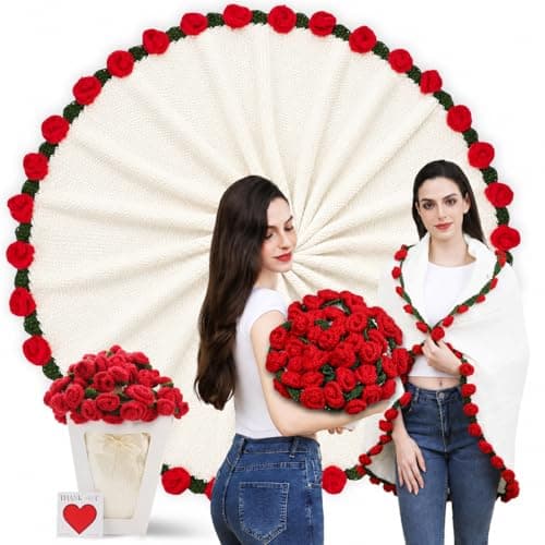 Duryeo Crochet Rose Flower Bouquet Blanket with Red Rose Handmade Knitted Throw Blanket Christmas Valentines Day Anniversary Birthday Gifts for Wife Girlfriend Fiance Lover 60Inch