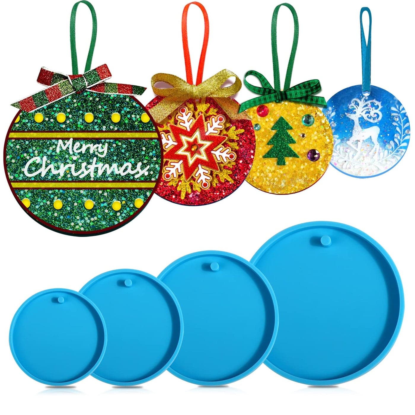 Juome Christmas Ornaments Resin Molds Silicone 4 Pcs Round Shape Pendant Christmas Molds for Epoxy Resin DIY Crafts Keychain Making Christmas Tree Decorations