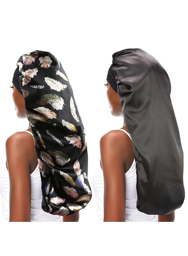 2PCS Silky Satin Hair Bonnet Long Bonnet for Women Dreadlocks,Braids,Locs,Curly,Long Hair Cap for Sleeping Black Breathable Sleep Cap