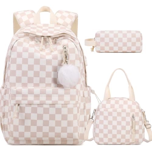 ACESAK Backpack for Girls Corduroy Girls Backpack with Lunch Bag Pencil Pouch for Teen Kids Laptop Backpack for Women Middle High School Bookbag Travel Daypack Beige Chessboard