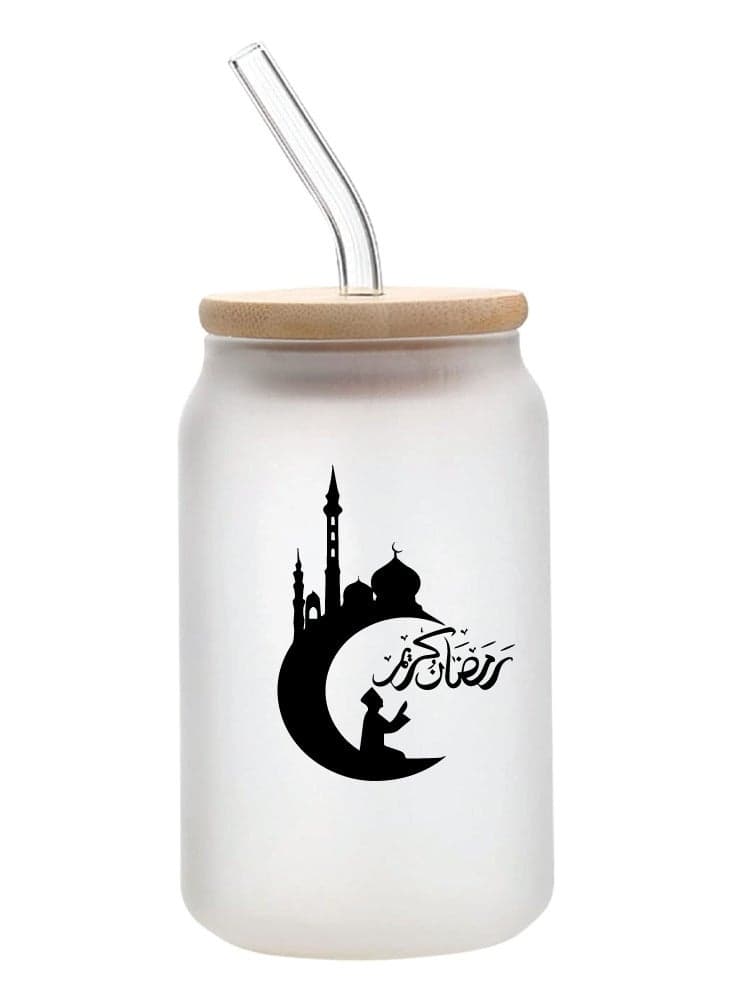 Ramadan Kareem and Eid Mubarak Gift - Glass Bottle with Straw & Bamboo Lid 455 ml - Ramadan gift for all Islamic