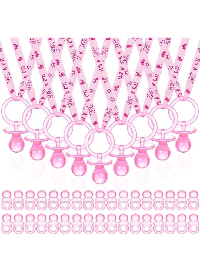 Roowest 24 Pieces Baby Shower Pacifiers Necklace Acrylic Baby Pacifiers Party Favors 50 Mini Pink Plastic Pacifiers Charm for Girls Baby Shower Party Decorations Table Scatter (Pink)