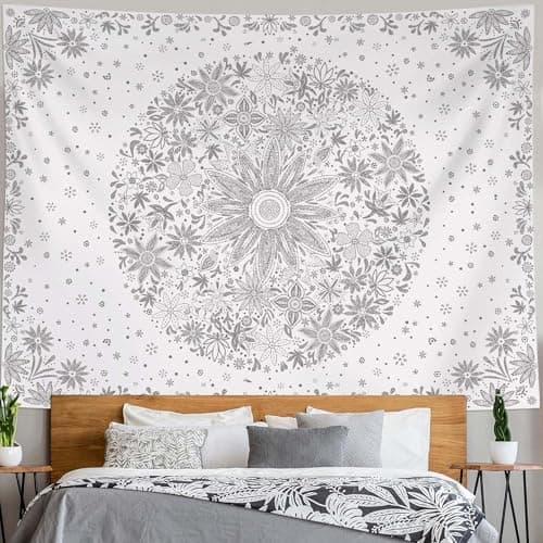 Neasow Bohemian Tapestry Wall Hanging, Gray Floral Tapestry with Dotted Daisy Medallion Print Bedroom Boho Hippie Home Decor, 36x48 inches