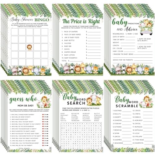 Jetec 302 Pcs Safari Animal Theme Baby Shower Games, 6 Games, 50 Sheets Each, Shower Party, Word Scramble, Baby Word Search, Predictions and Advice, The Price is Right