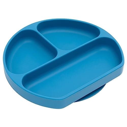 Bumkins Toddler and Baby Suction Plate Divided Grip Dish for Babies and Kids Baby Led Weaning Feeding Supplies Sticks to Tables and Highchairs Platinum Silicone for Children 6 Months Dark Blue
