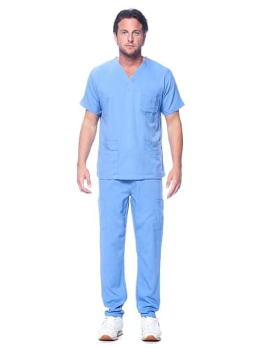 Dagacci Medical Uniform Unisex Women and Mens VNeck Super Stretch Scrub Set Ceil Blue XS