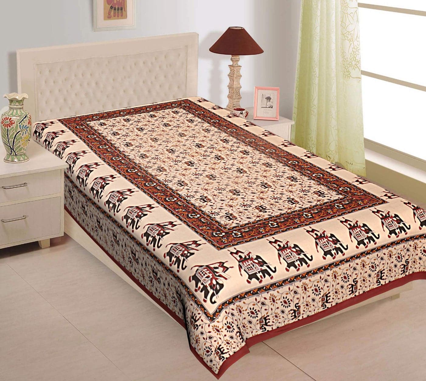 UNIBLISS Cotton Comfort Rajasthani Jaipuri Traditional Single Bedsheet (Maroon)