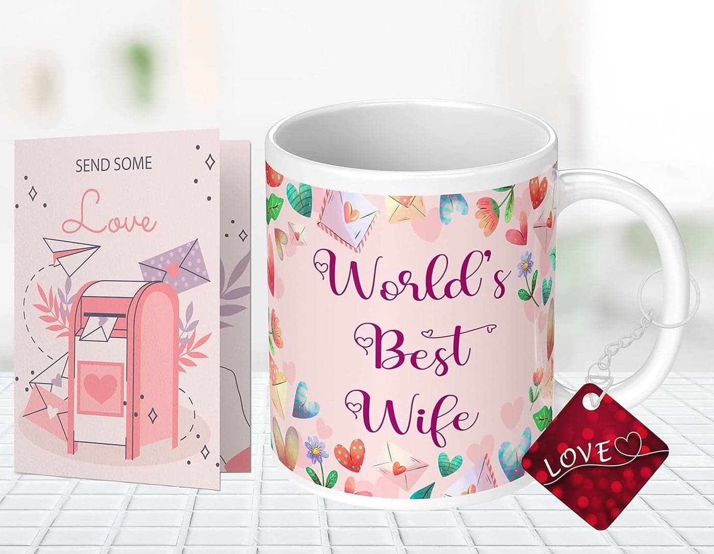NH10 DESIGNS Worlds Best Wife Mug with Love Keychain and Card Home Decorative Birthday Combo Gift Set for Wife Wifey Love Gift for Wife Mug Gift for Wife HBWFTNYWMKC 9