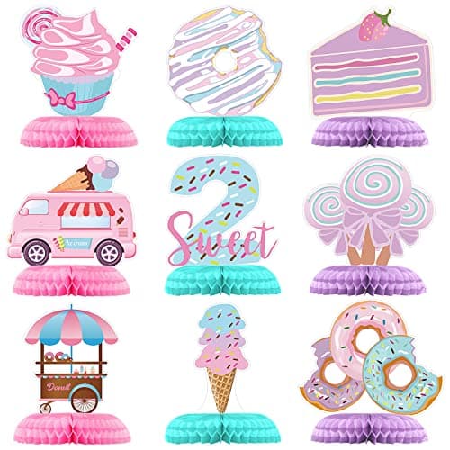 Hotop 9 Pcs Donut Two Sweet Birthday Party Decorations Ice Cream Table Honeycomb Centerpieces Second Table Topper Doughnut 2nd Birthday Sign Decor for Girls Christmas Party Supplies Baby Shower