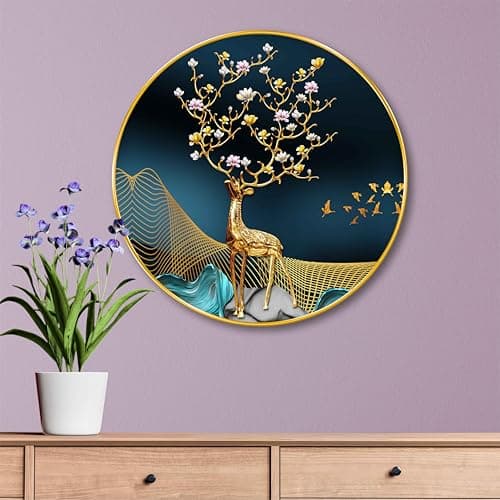 SAF Golden Deer with Floral Antlers Round Wall Painting – Luxury Modern Art with Birds & Night Sky | Golden Frame Wall Décor for Living Room Bedroom Dining Office (20 X 20 Inch) GRL-274