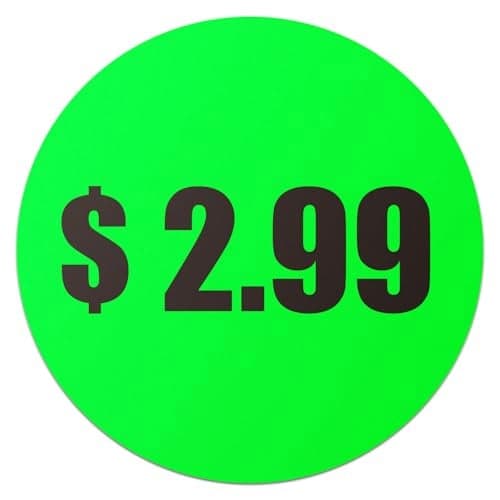 $2.99 Preprinted Price Stickers - 1.5 Inch Circle Round in Fluorescent Neon Green for Retail Store, Garage Sale, Yard Sale, Flea Market Pricing Labels and More - 300 Labels per Pack