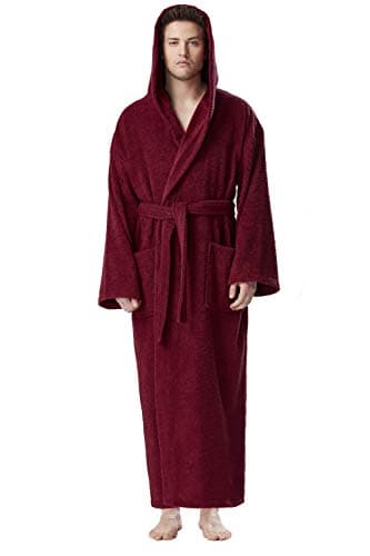 Arus Men's Hooded Classic Bathrobe Turkish Cotton Robe with Full Length Options, Burgundy XX-Large
