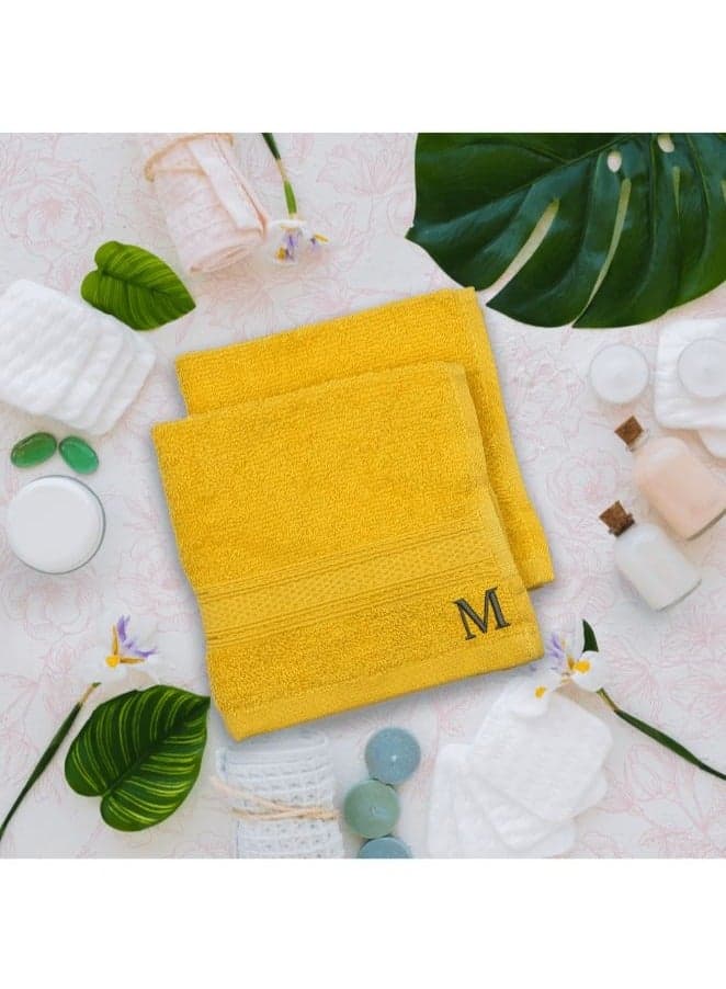 Daffodil (Yellow) Monogrammed Face Towel (30 x 30 Cm - Set of 6) 100% Cotton, Absorbent and Quick dry, High Quality Bath Linen- 500 Gsm Black Thread Letter "M"