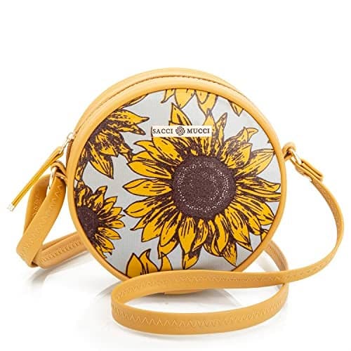 SACCI MUCCI Women's Full Moon Handmade Trendy Round Sling Bag - Vegan Leather And Coated Cotton Canvas Fabric, Lightweight And Durable (Sunflower), Yellow