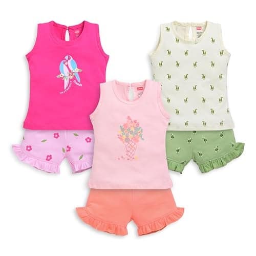 LuvLap Baby Girl Cotton Printed Sleeveless Top & Shorts Sets Pack Of 3, Pink Rose, Off White & Rani, L (6 to 12 Months)
