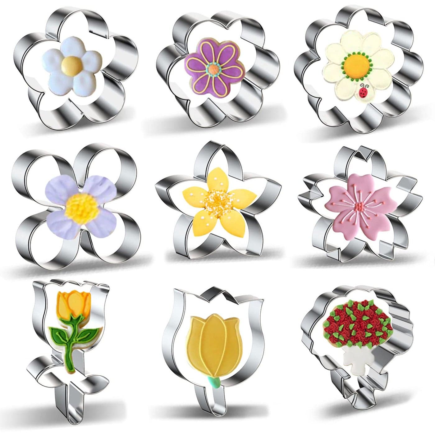 Flower Cookie Cutter Set 9Piece Rose Tulip Lilac Cherry Blossom Plum Blossom Frangipani Daisy Sunflower Bouquet Scalloped Edge Summer Flowers Cookie Cutters Shapes Biscuit Fondant Molds