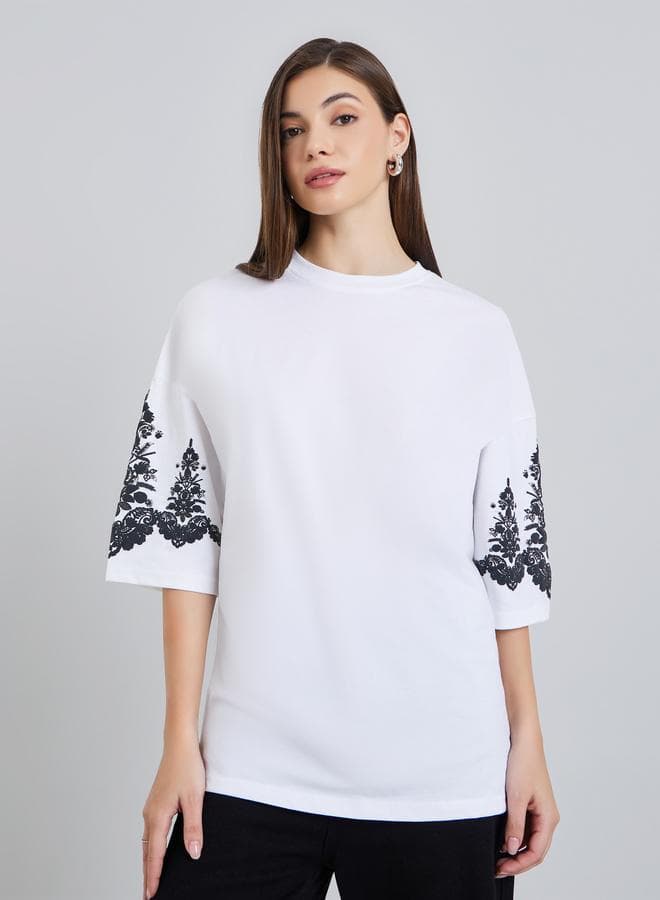 Women White Embroidered Sleeve Oversized T-Shirt