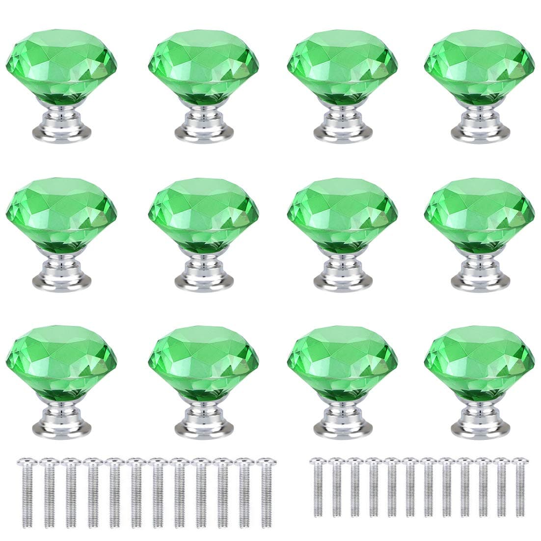 ANJUU 12 Pcs 30mm Diamond Shape Crystal Glass Cabinet Knobs with Screws Drawer Knob Pull Handle Used for Kitchen Dresser Door Cupboard Green