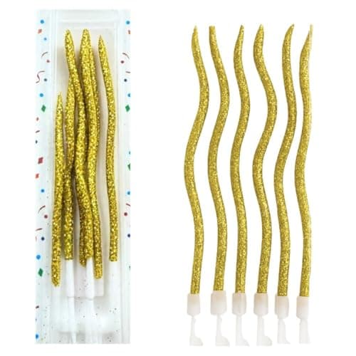 Wanna Party Unscented Party Twisty Metallic Golden Glitter Shimmer Spiral Candles-6Pc, Twisty Candles for Birthday, Baby Shower, Wedding Party & Cake Decoration