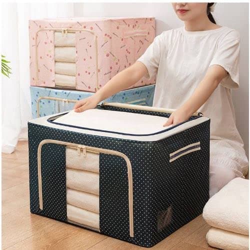 Zorzel Cloth Storage Bins Boxes Foldable Stackable Saree Living Container Organizer with Metal Frame Basket Set with Large Clear Window Carry Handles For Bedding BedroomsMulti Color Multi Design