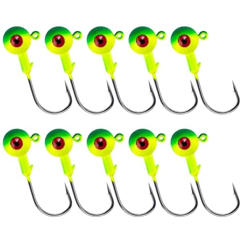 Alwonder 10-Pack Round Fishing Jig Heads, Bass Ball Jigs 3D Eyes High Carbon Steel Hooks Bass Lures Jig Heads Freshwater Saltwater Surf Fishing Jigs for Walleye Striper Pompano, Green-1/2oz