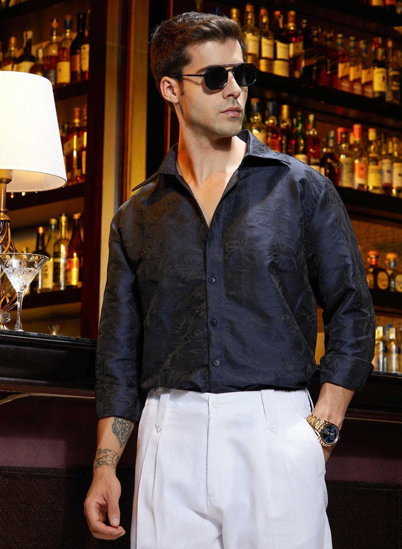 Men's Navy Blue Flora-Woven Shirt